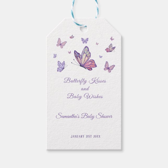 Étiquettes-cadeau Baisers papillon Baby shower violet (Devant)