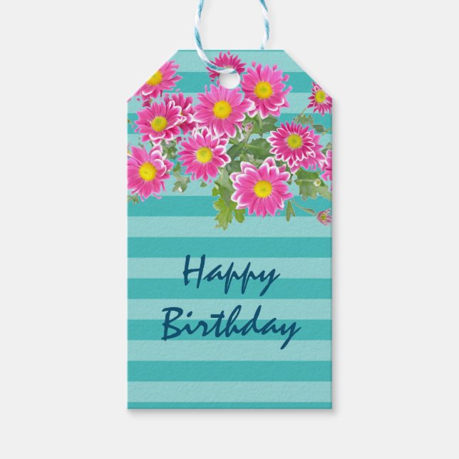 Étiquettes-cadeau Baisers roses sur les rayures turquoise Joyeux ann (Devant)