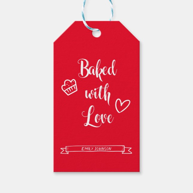 Étiquettes-cadeau Baked with Love Nom personnalisé Rouge et blanc (Devant)