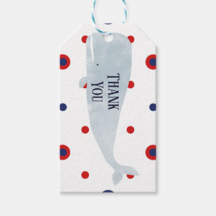 Étiquettes-cadeau Baleine aquarelle grise nautique points rouges ble