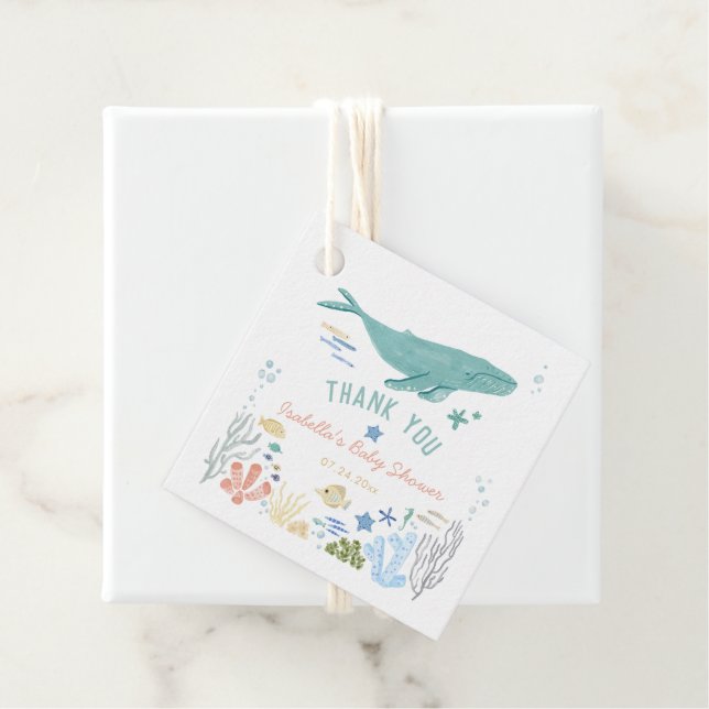 Étiquettes Cadeau Baleine Sous Le Merci Du Baby shower De Mer (En situation)