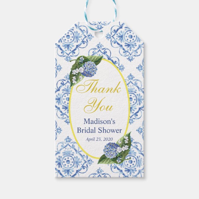 Étiquettes-cadeau Balise Blue Hydrangea Blue Tile Party Favoriser (Devant)
