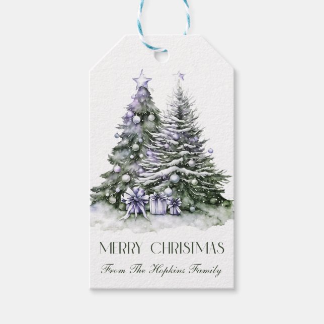 Étiquettes-cadeau Balise cadeau Arbres de Noël pourpres et verts (Devant)