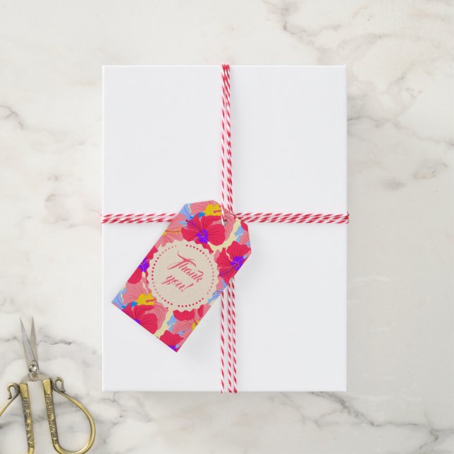 Étiquettes-cadeau Balise cadeau avec motif floral avec hibiscus (Avec de la ficelle)