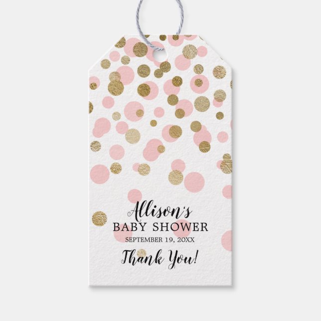 Étiquettes-cadeau Balise cadeau Baby shower Confetti rose et or Favo (Devant)