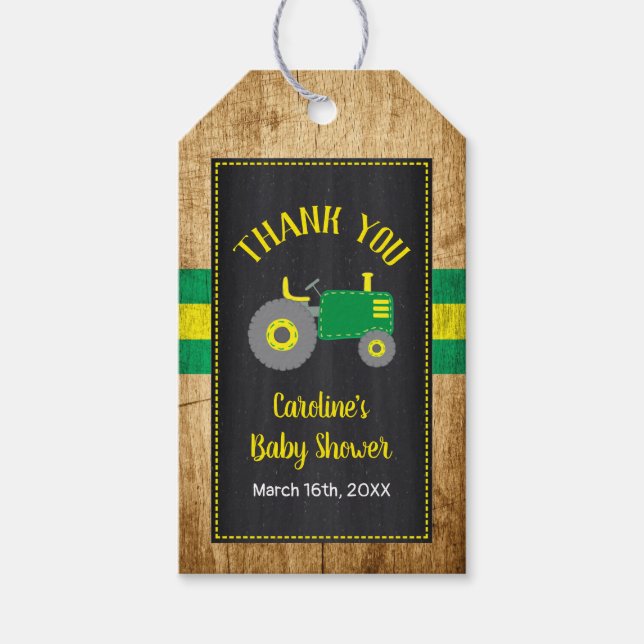 Étiquettes-cadeau Balise Cadeau Baby shower de tracteur vert Favoris (Devant)