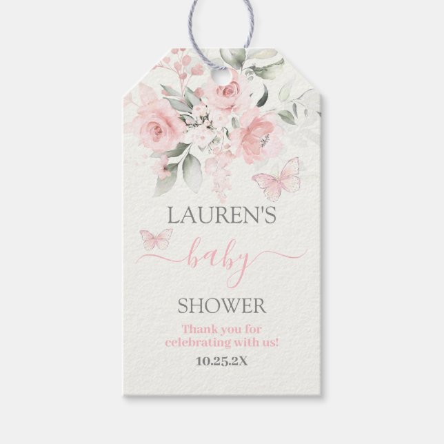 Étiquettes-cadeau Balise cadeau Baby shower floral rose papillon (Devant)