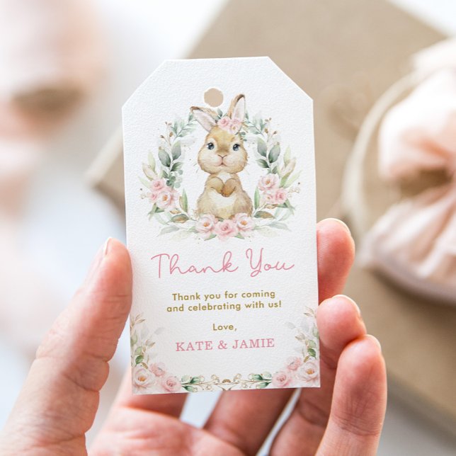 Étiquettes-cadeau Balise cadeau Baby shower lapin rose floral (Créateur téléchargé)