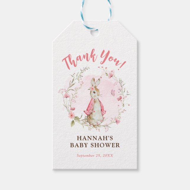 Étiquettes-cadeau Balise cadeau Baby shower lapin rose pour fille (Devant)