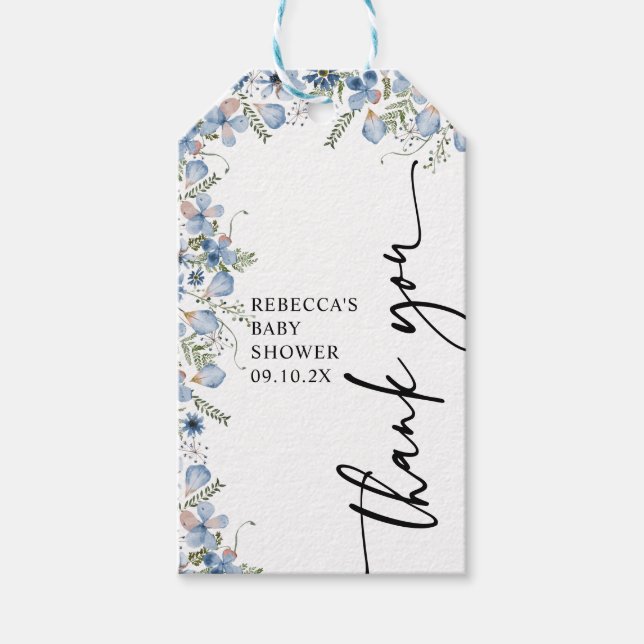 Étiquettes-cadeau Balise cadeau Baby shower Merci Fleur sauvage bleu (Devant)