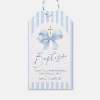 Étiquettes-cadeau Balise Cadeau Bleu Bow and Stripe Baptism Favorise