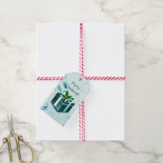 Étiquettes-cadeau Balise cadeau boîte de Noël turquoise (Avec de la ficelle)