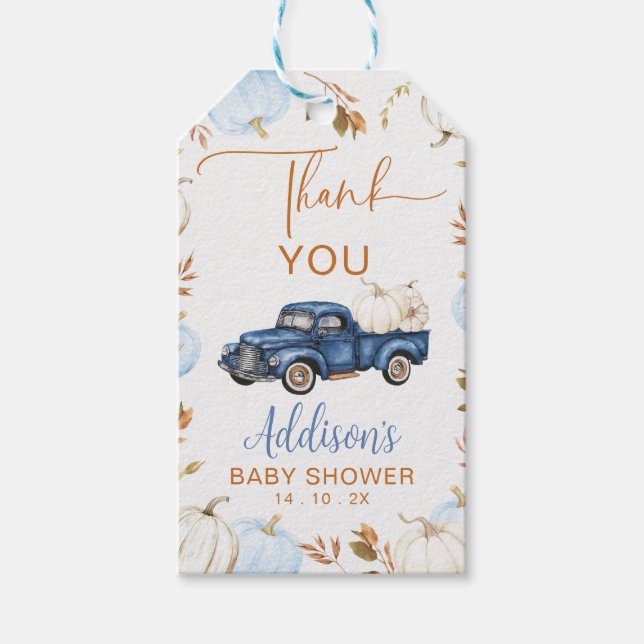 Étiquettes-cadeau Balise cadeau Citrouille Automne Bleu Baby shower  (Devant)