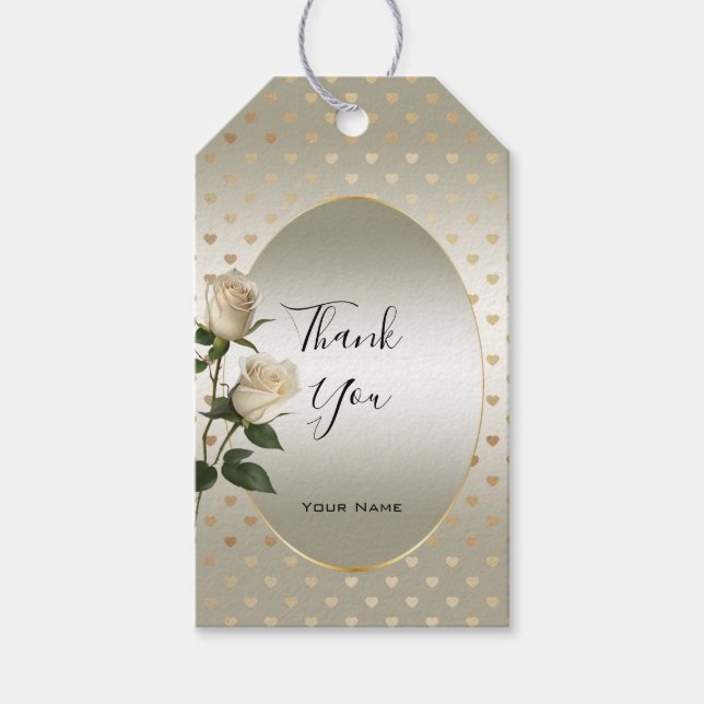 Étiquettes-cadeau Balise cadeau Coeurs or Roses blanches (Devant)