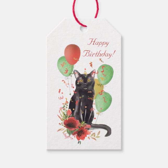 Étiquettes-cadeau Balise cadeau d'anniversaire chat de fête avec bal (Devant)