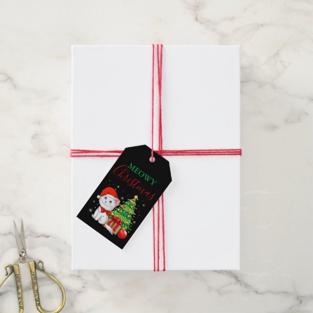 Étiquettes-cadeau Balise cadeau de chat de Noël Meowy (Avec de la ficelle)