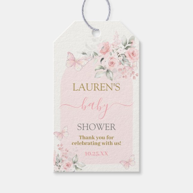 Étiquettes-cadeau Balise cadeau de fille Baby shower floral papillon (Devant)