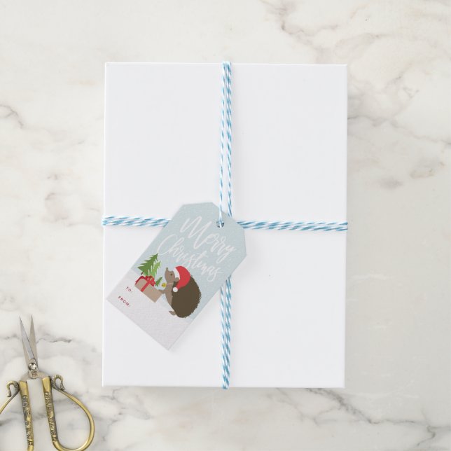 Étiquettes-cadeau Balise cadeau de joyeux hérisson de Noël (Avec de laficelle)