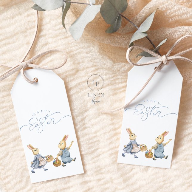 Étiquettes-cadeau Balise cadeau de lapins de Pâques heureux avec pan (Créateur téléchargé)