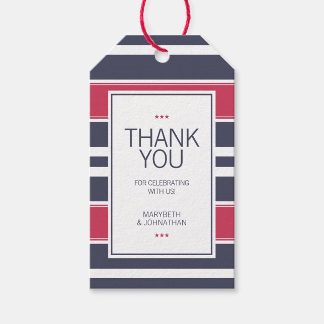 Étiquettes-cadeau Balise cadeau de Merci en bande rouge, blanc et bl (Devant)