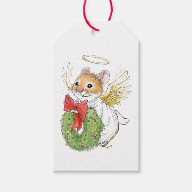 Étiquettes-cadeau Balise cadeau de Noël Angel Mouse avec couronne (Devant)