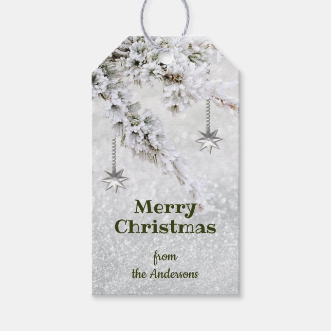 Étiquettes-cadeau Balise cadeau de Noël de neige étincelante (Devant)