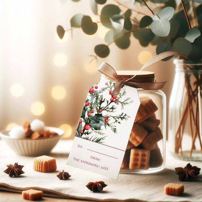 Étiquettes-cadeau Balise cadeau de Noël Elegant Mistletoe Aquarelle (Watercolor Elegant Mistletoe Christmas Gift Tag on a Christmas jar filled with sweets.)