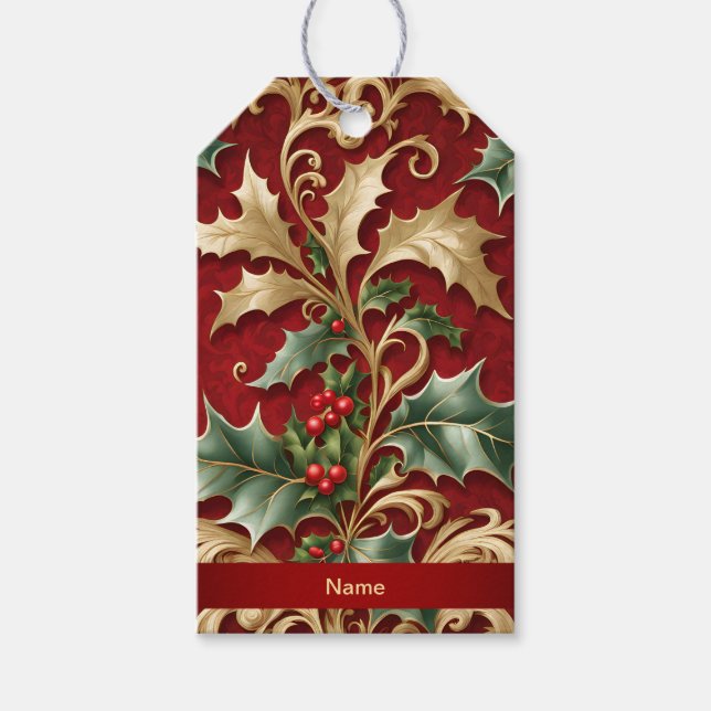 Étiquettes-cadeau Balise cadeau de Noël Rouge Feuille Gold Green (Devant)