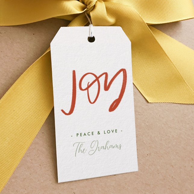 Étiquettes-cadeau Balise cadeau de vacances de joie rouge et vert (Hand-lettered joy Christmas personalized gift tags.)