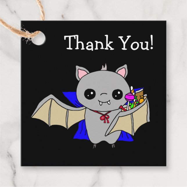 Étiquettes Cadeau Balise cadeau d'Halloween, chauve-souris tenant bo (Devant)