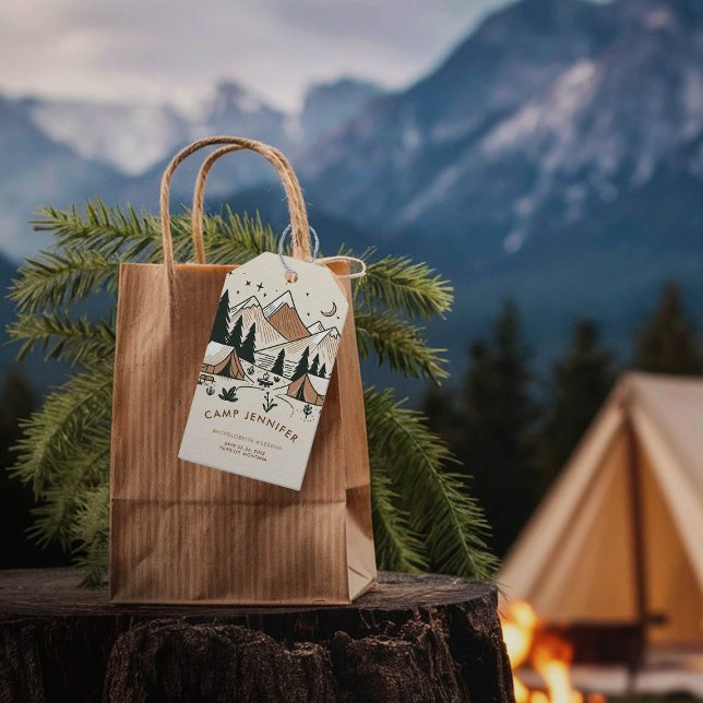 Étiquettes-cadeau Balise cadeau du camp de camping Earthy Bacheloret (camping bachelorette party gift favor tag bach earth colors beige brown)
