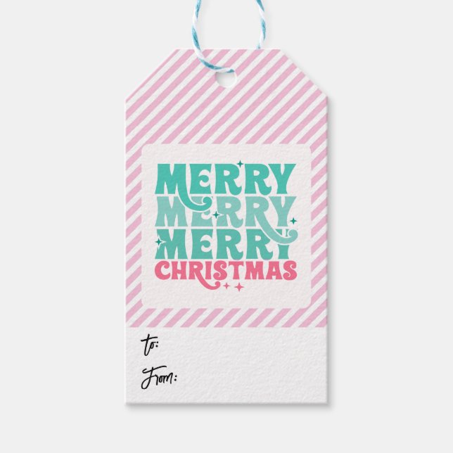 Étiquettes-cadeau Balise cadeau en Mint + Pink Joyeux Noël, rayé (Devant)