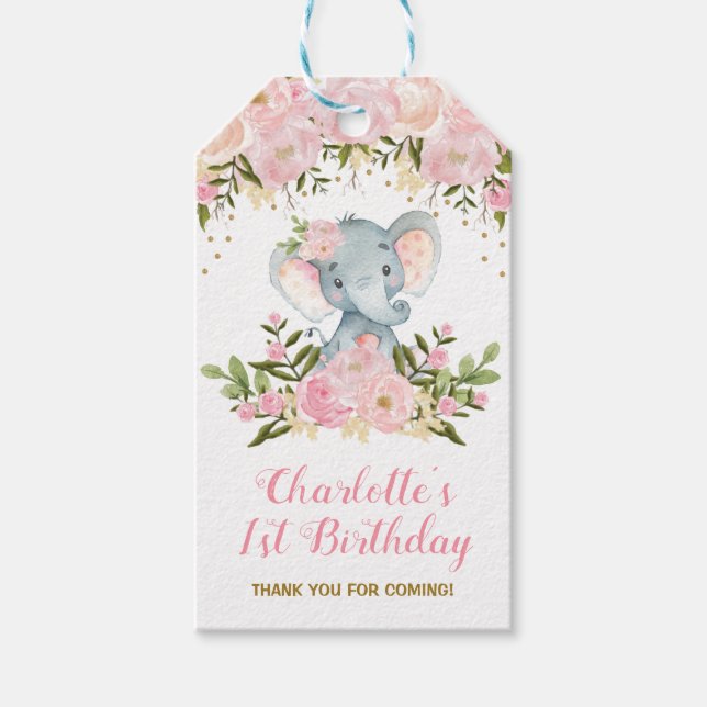 Étiquettes-cadeau Balise Cadeau Fleur Rose Eléphant Anniversaire Fêt (Devant)