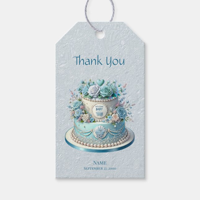Étiquettes-cadeau Balise cadeau Fleurs de gâteau bleu (Devant)