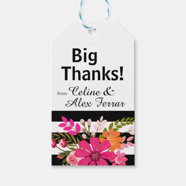 Étiquettes-cadeau Balise cadeau Fleurs rayées noir et blanc | fuchsi (Devant)