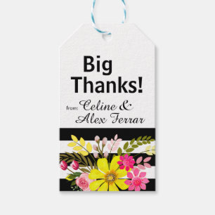 Étiquettes-cadeau Balise cadeau Fleurs rayées noir et blanc   jaune