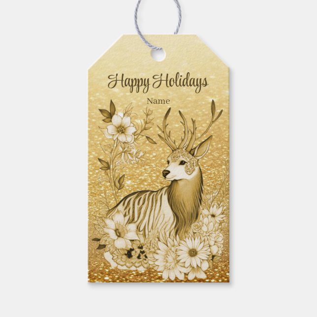 Étiquettes-cadeau Balise cadeau Gold Floral Reindeer (Devant)