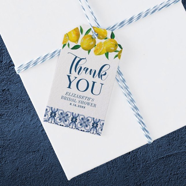 Étiquettes-cadeau Balise cadeau Mariage citron bleu italien Carrelag (Elegant lemon wedding thank you gift tags.)