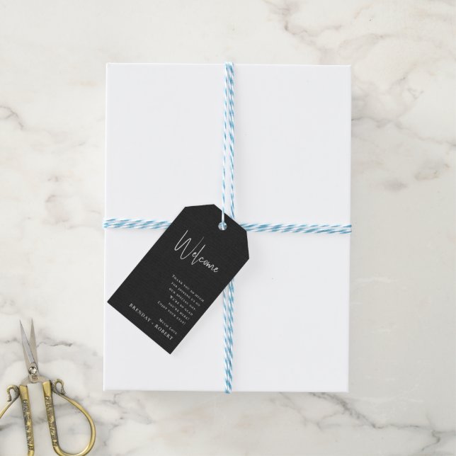 Étiquettes-cadeau Balise cadeau Mariage de bienvenue en lin noir (Avec de laficelle)