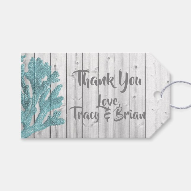 Étiquettes-cadeau Balise cadeau Merci Beachy Wood Coral Turquoise (Devant (Horizontal))
