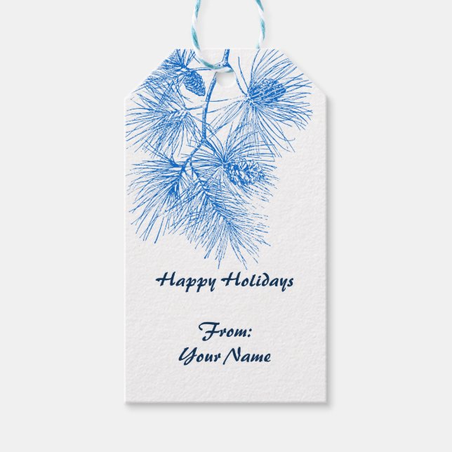 Étiquettes-cadeau Balise cadeau Motif de pin blanc bleu vacances per (Devant)