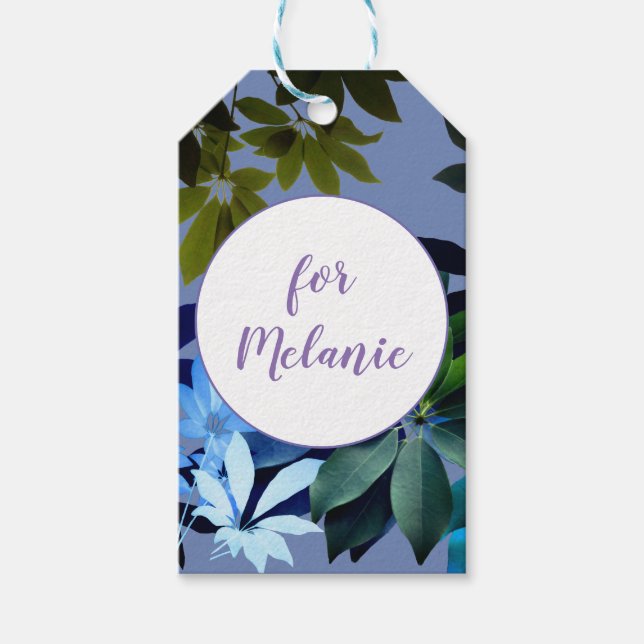 Étiquettes-cadeau Balise Cadeau Personnalisé Bleu & Feuillage Vert (Devant)
