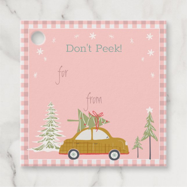 Étiquettes Cadeau Balise cadeau Pink Retro Christmas Car Woodland (Devant)