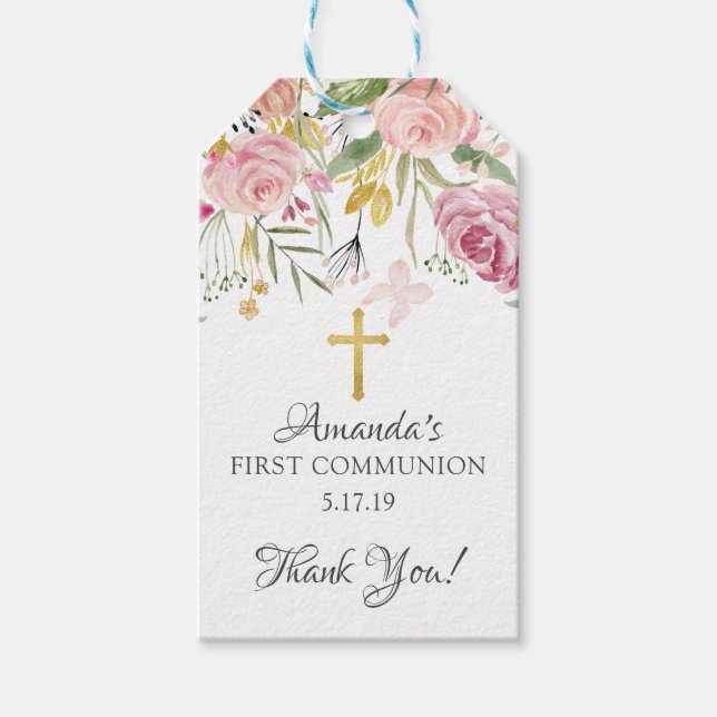 Étiquettes-cadeau Balise Cadeau Première communion Fleur Rose Vive (Devant)