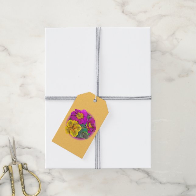 Étiquettes-cadeau Balise cadeau Primrose fine peinture rose jaune (Avec de la ficelle)