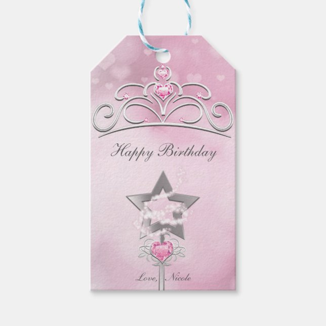 Étiquettes-cadeau Balise cadeau Princess Wand & Crown Silver Pink Pa (Devant)