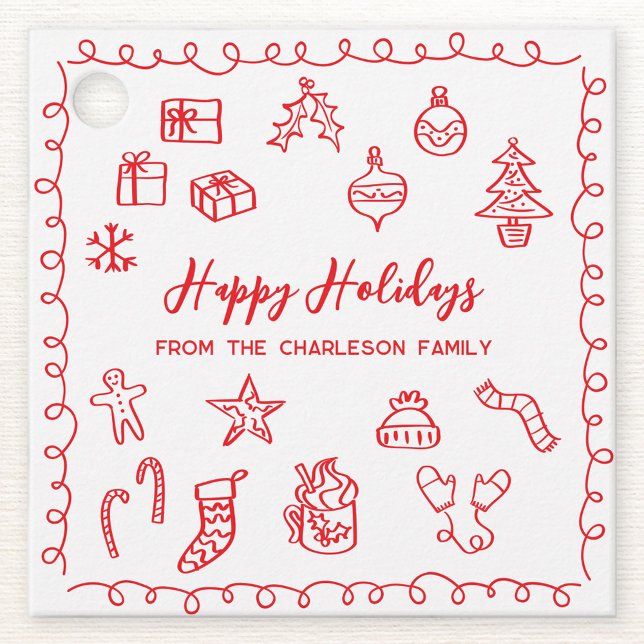 Étiquettes Cadeau Balise Cadeau Rouge Doodle Illustration (Personalized red and white hand drawn scribble doodle Christmas holiday gift tag)