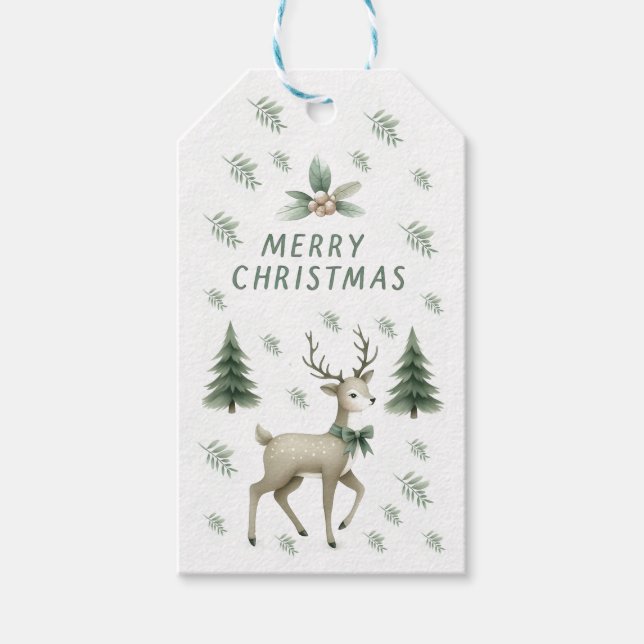 Étiquettes-cadeau Balise cadeau Sage Green Christmas Trees & Reindee (Devant)
