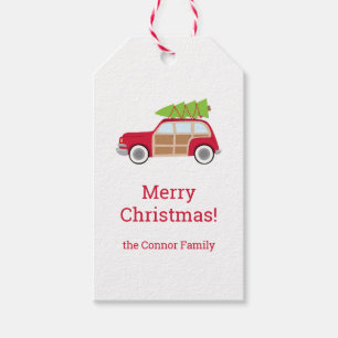 Étiquettes-cadeau Balise cadeau Vintage Car with Christmas Tree