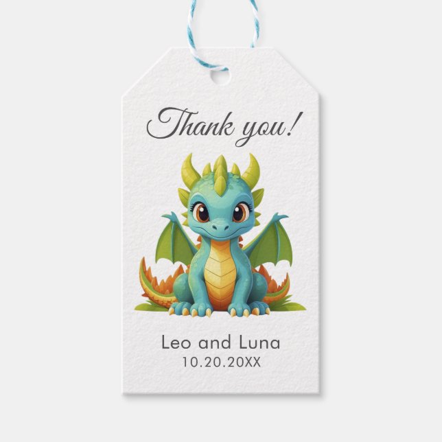 Étiquettes-cadeau Balise cadeau Whimsical Green Dragon Merci (Devant)